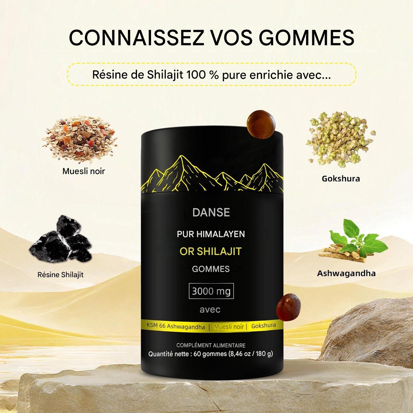 Gommes de shilajit pur de l'Himalaya avec ashwagandha, gokshura et autres herbes, sans sucre ajouté, 60 comprimés à croquer, complément alimentaire