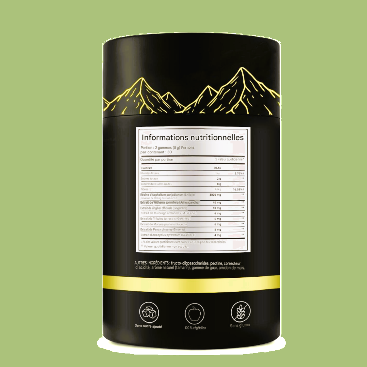 Gommes de shilajit pur de l'Himalaya avec ashwagandha, gokshura et autres herbes, sans sucre ajouté, 60 comprimés à croquer, complément alimentaire