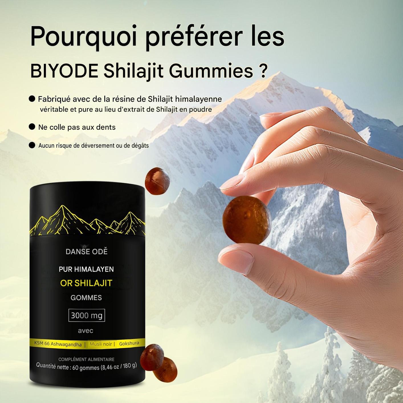 Gommes de shilajit pur de l'Himalaya avec ashwagandha, gokshura et autres herbes, sans sucre ajouté, 60 comprimés à croquer, complément alimentaire