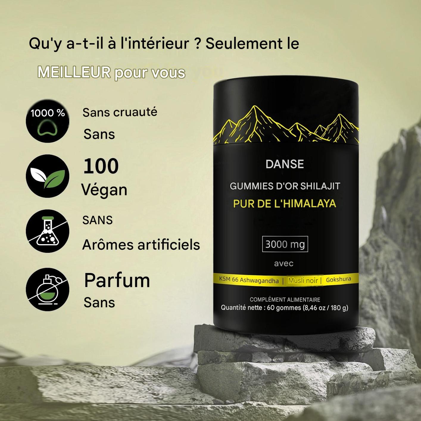 Gommes de shilajit pur de l'Himalaya avec ashwagandha, gokshura et autres herbes, sans sucre ajouté, 60 comprimés à croquer, complément alimentaire